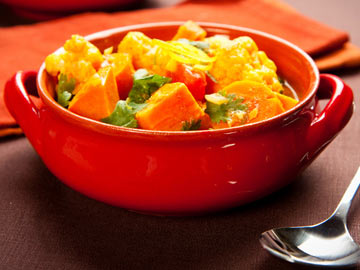 Curried Mustard Greens & Garbanzo Beans with Sweet Potatoes